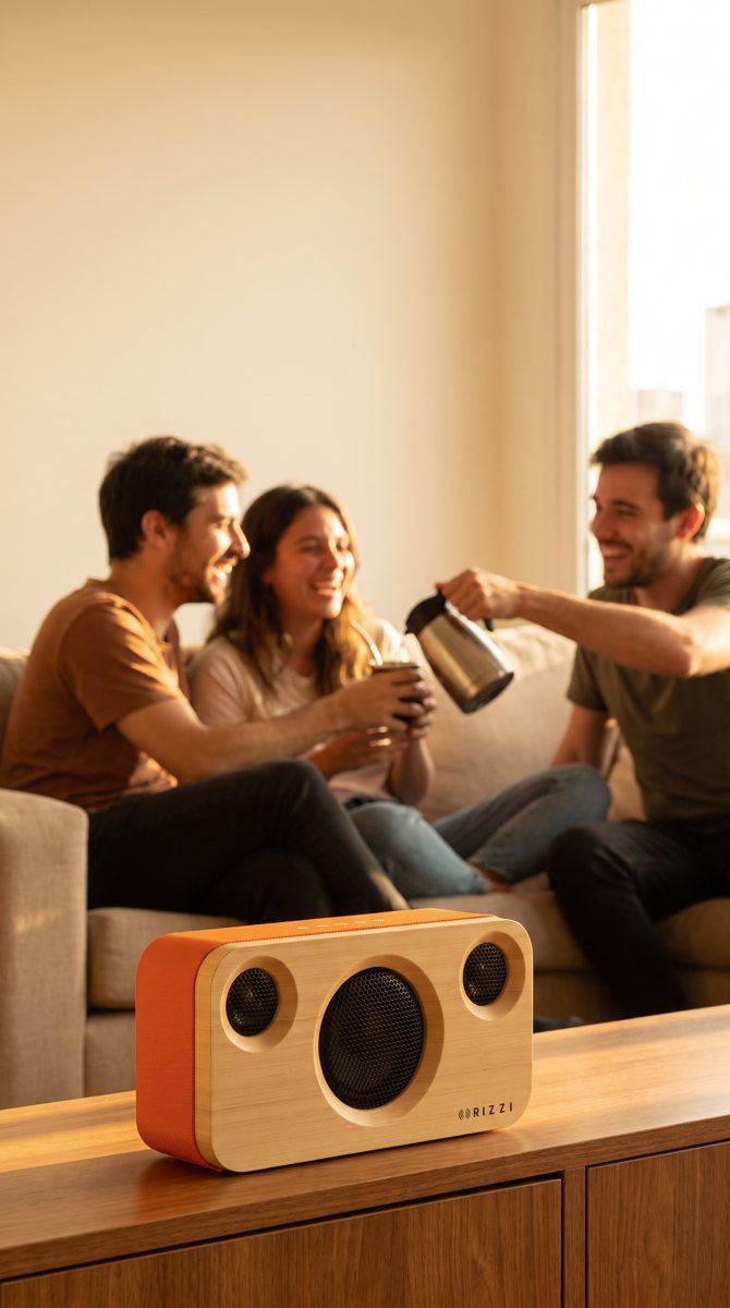 Parlante Ámbar sobre un mueble, con amigos tomando mate en el sillón de fondo