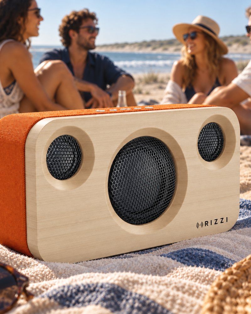 El parlante Ámbar, color Ámbar vivo, en la playa con amigos