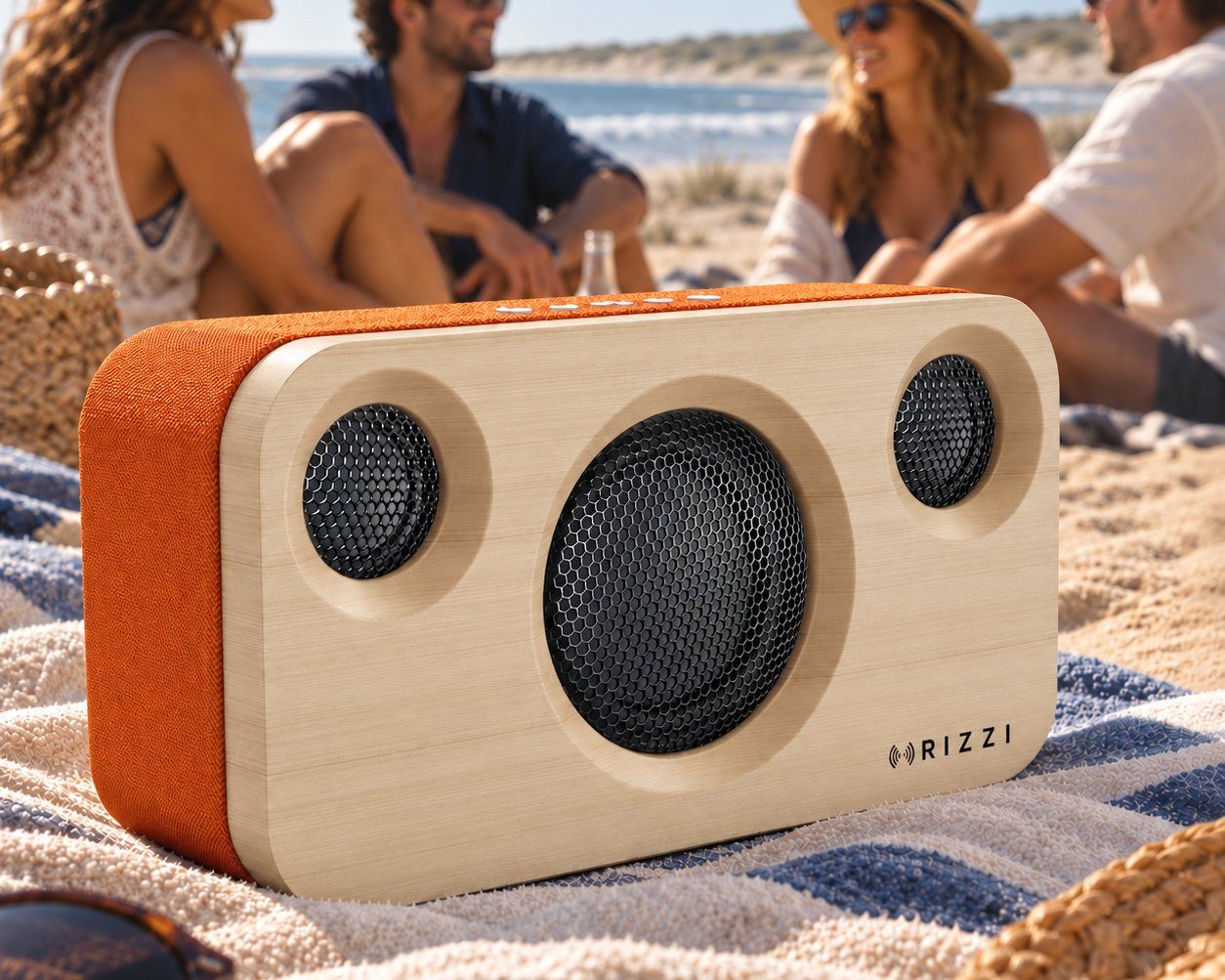 El parlante Ámbar, color Ámbar vivo, en la playa con amigos